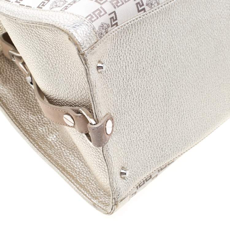 Pre Owned Versace Beige Metallic Canvas, Leather and Suede Trim Satchel