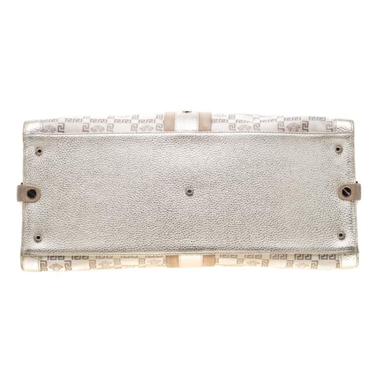 Pre Owned Versace Beige Metallic Canvas, Leather and Suede Trim Satchel