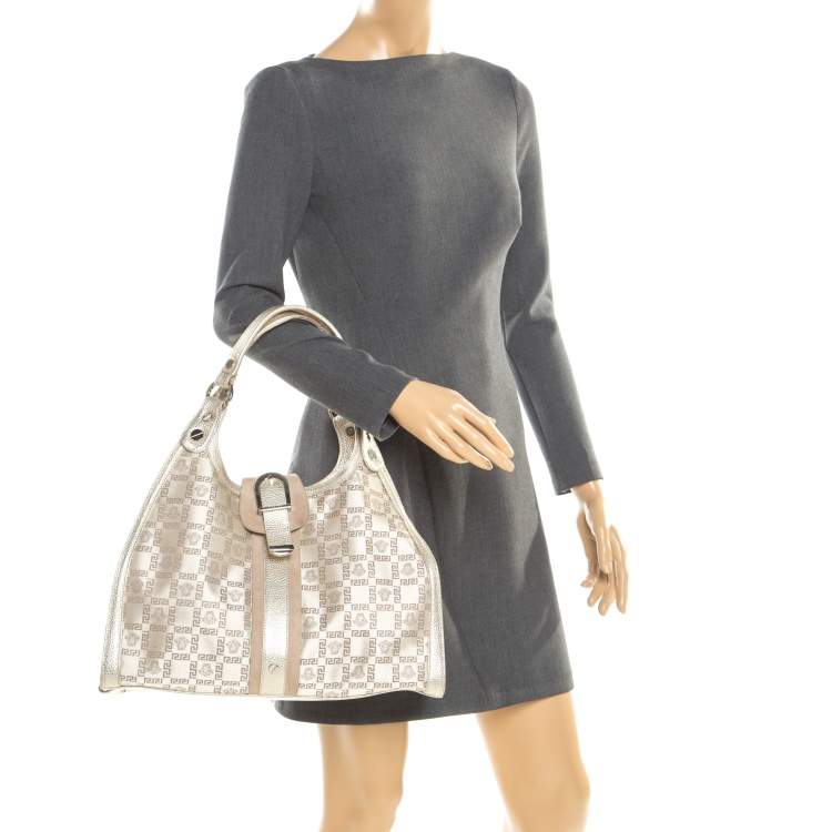 Pre Owned Versace Beige Metallic Canvas, Leather and Suede Trim Satchel