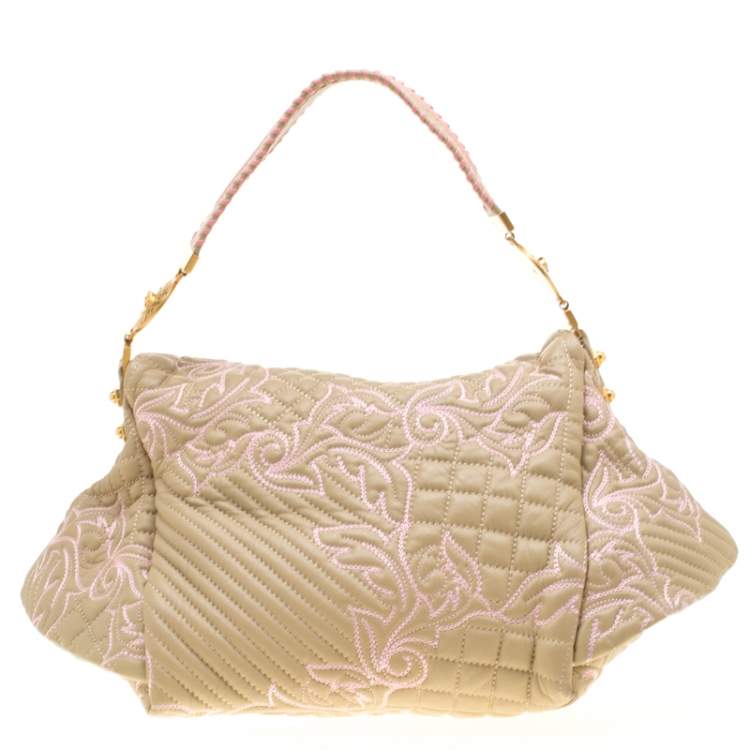 Pre Owned Versace Beige/Pink Quilted Barocco Leather Top Handle Bag