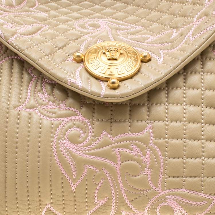 Pre Owned Versace Beige/Pink Quilted Barocco Leather Top Handle Bag