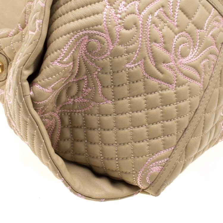 Pre Owned Versace Beige/Pink Quilted Barocco Leather Top Handle Bag
