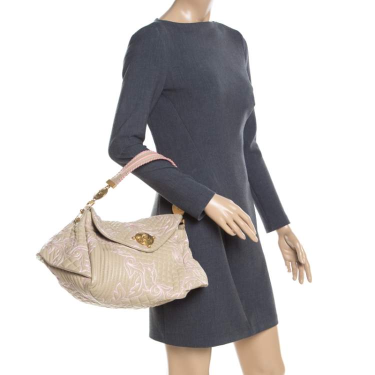 Pre Owned Versace Beige/Pink Quilted Barocco Leather Top Handle Bag