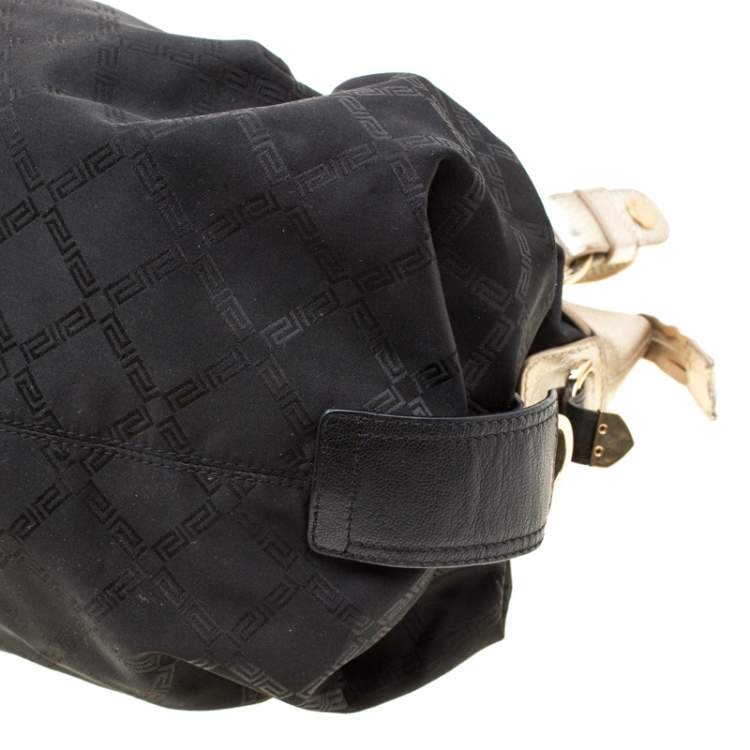 Pre Owned Versace Black/Gold Fabric and Leather Medusa Head Logo Satchel