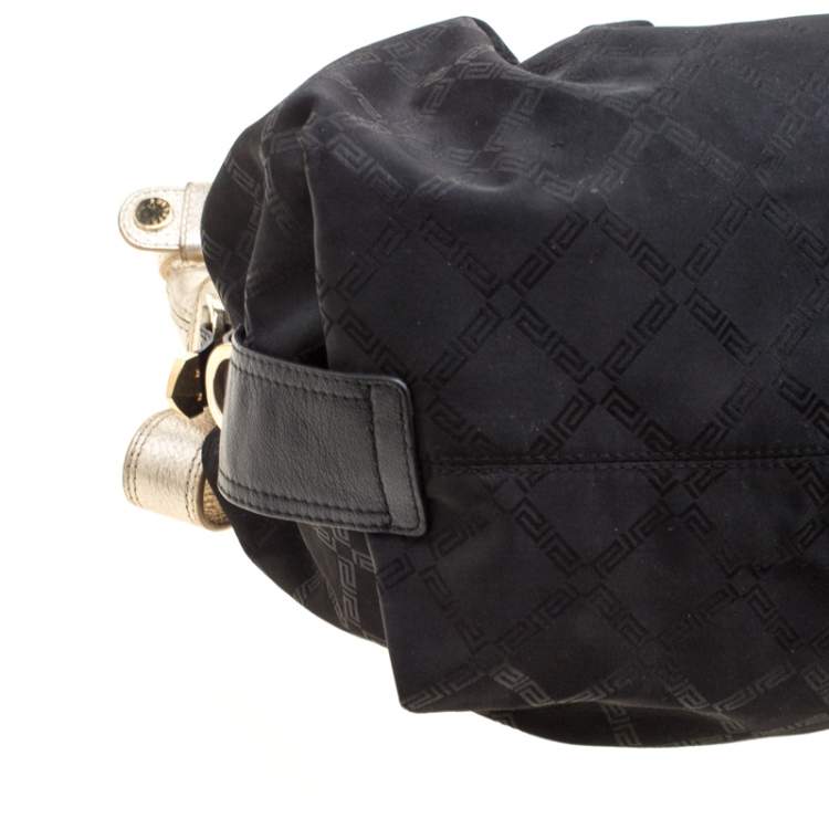 Pre Owned Versace Black/Gold Fabric and Leather Medusa Head Logo Satchel