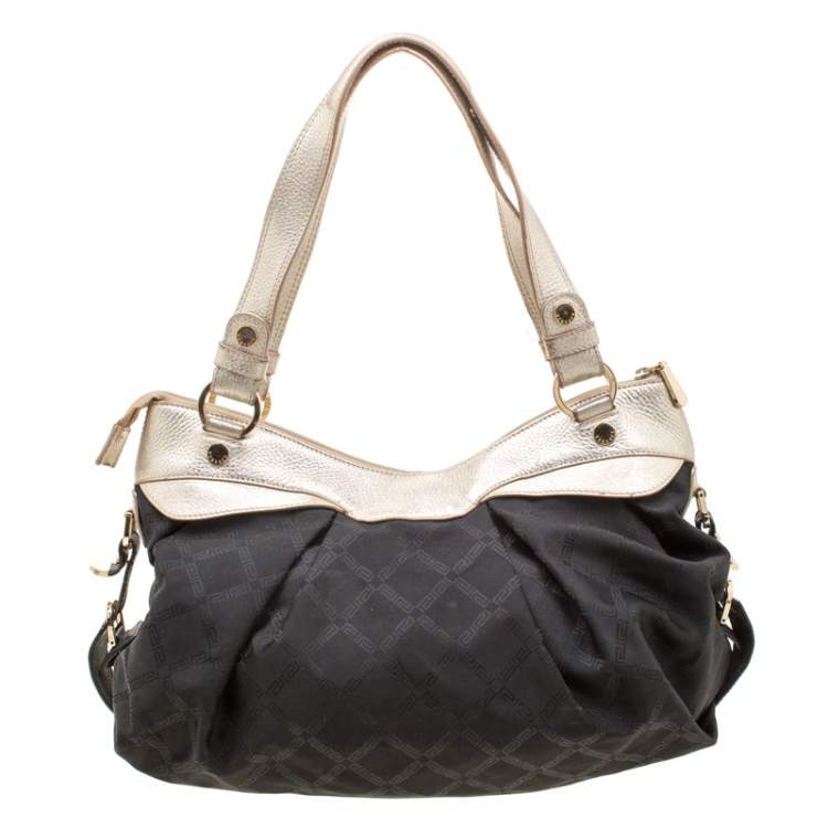 Pre Owned Versace Black/Gold Fabric and Leather Medusa Head Logo Satchel