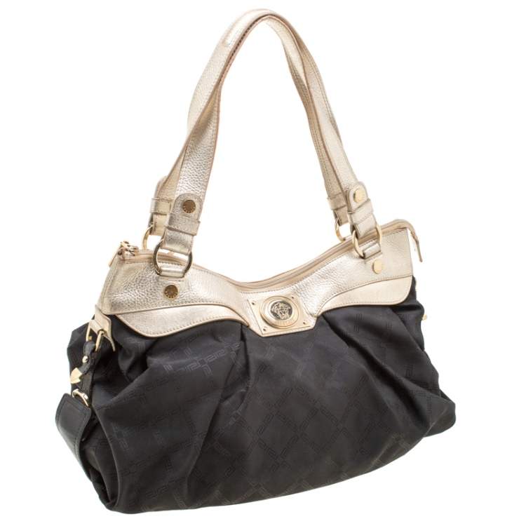 Pre Owned Versace Black/Gold Fabric and Leather Medusa Head Logo Satchel