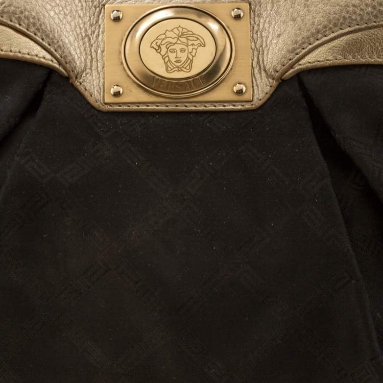 Pre Owned Versace Black/Gold Fabric and Leather Medusa Head Logo Satchel