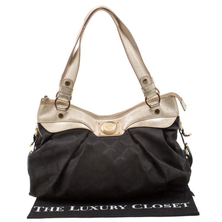 Pre Owned Versace Black/Gold Fabric and Leather Medusa Head Logo Satchel