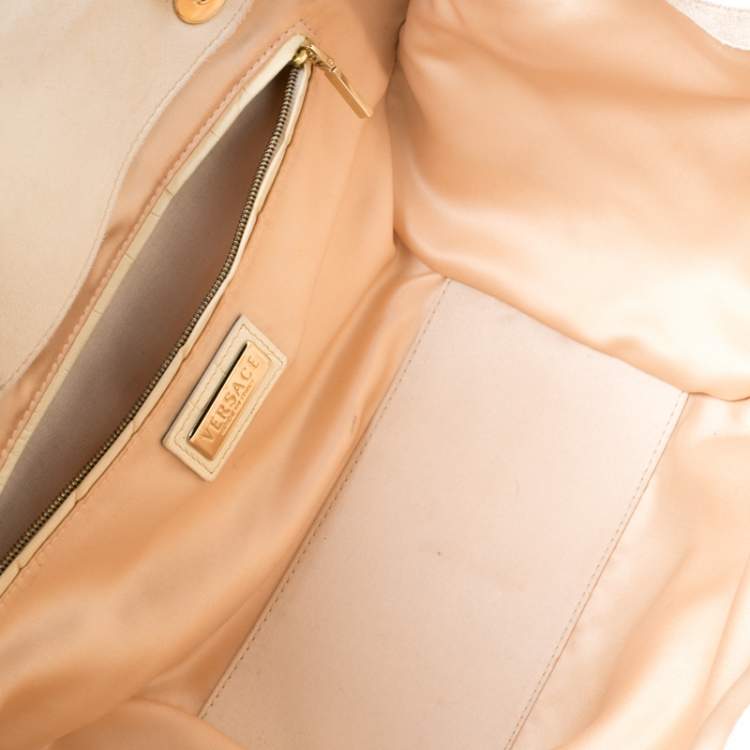 Pre Owned Versace Cream Croc Embossed Leather and Suede Medium Canyon Bag