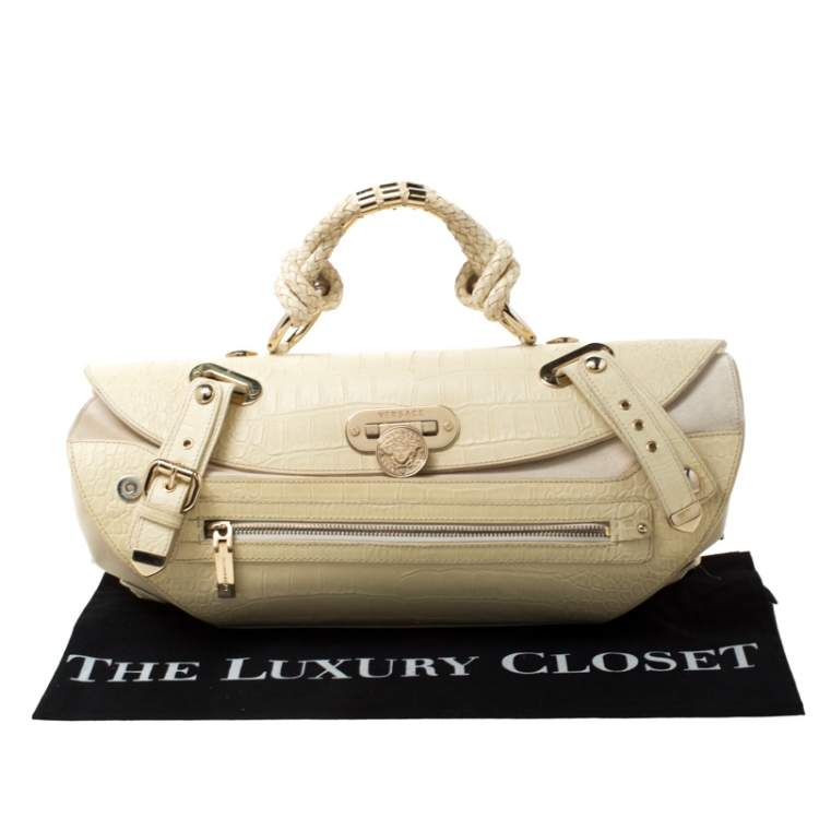 Pre Owned Versace Cream Croc Embossed Leather and Suede Medium Canyon Bag