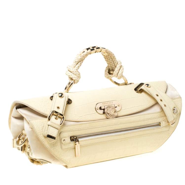 Pre Owned Versace Cream Croc Embossed Leather and Suede Medium Canyon Bag