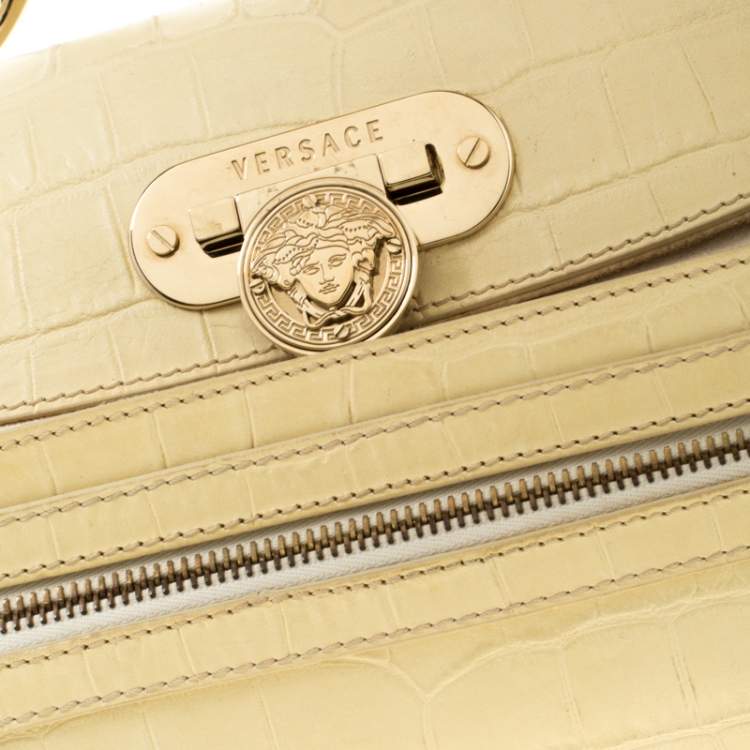 Pre Owned Versace Cream Croc Embossed Leather and Suede Medium Canyon Bag