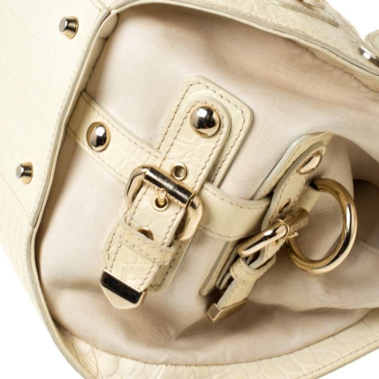 Pre Owned Versace Cream Croc Embossed Leather and Suede Medium Canyon Bag
