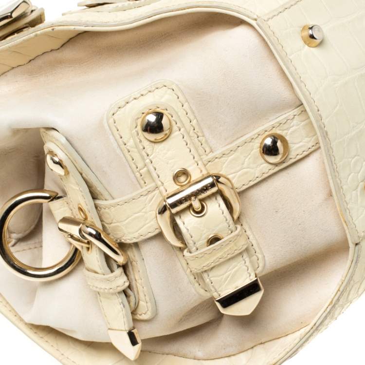Pre Owned Versace Cream Croc Embossed Leather and Suede Medium Canyon Bag