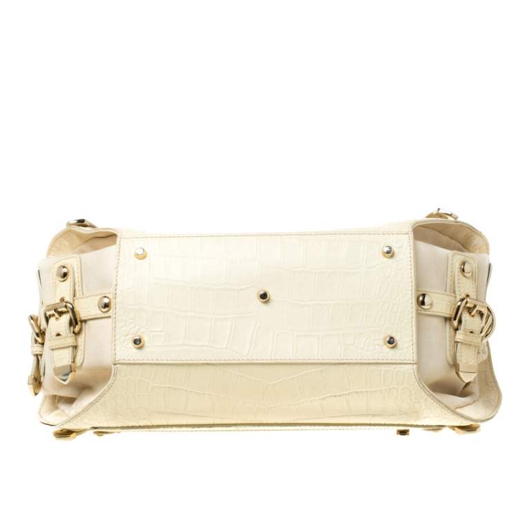 Pre Owned Versace Cream Croc Embossed Leather and Suede Medium Canyon Bag