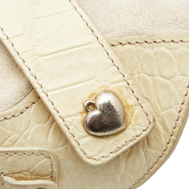 Pre Owned Versace Cream Croc Embossed Leather and Suede Medium Canyon Bag