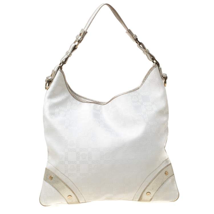 مملوكة مسبقًا Versace White/Silver Signature Fabric and Leather Hobo