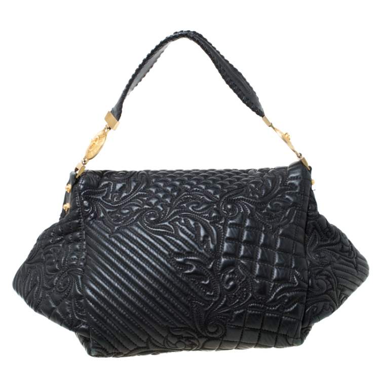 Pre Owned Versace Black Quilted Barocco Leather Top Handle Bag