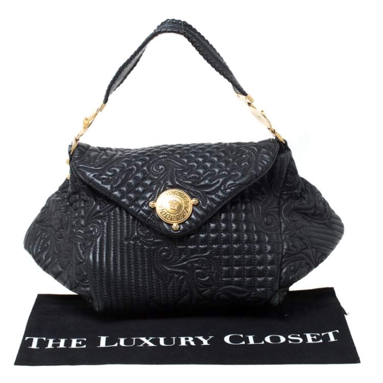 Pre Owned Versace Black Quilted Barocco Leather Top Handle Bag