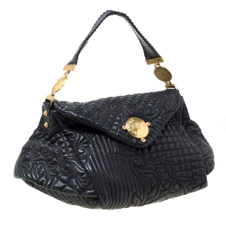 Pre Owned Versace Black Quilted Barocco Leather Top Handle Bag