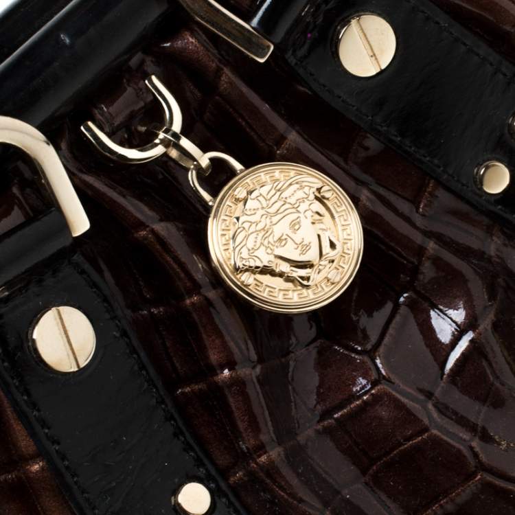 Pre Owned Versace Brown/Black Croc Embossed Patent Leather Madonna Boston Bag