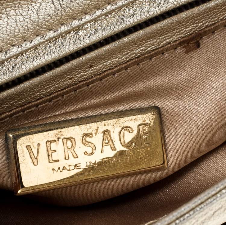 Pre Owned Versace Gold Metallic Leather Buckle Flap Shoulder Bag