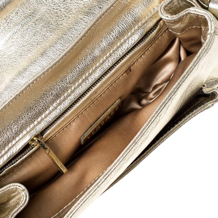 Pre Owned Versace Gold Metallic Leather Buckle Flap Shoulder Bag