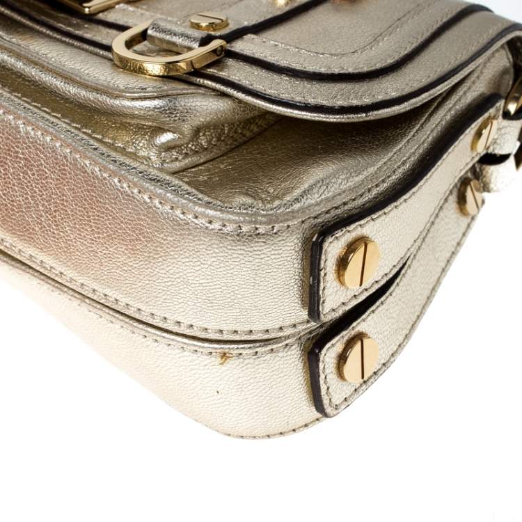 Pre Owned Versace Gold Metallic Leather Buckle Flap Shoulder Bag