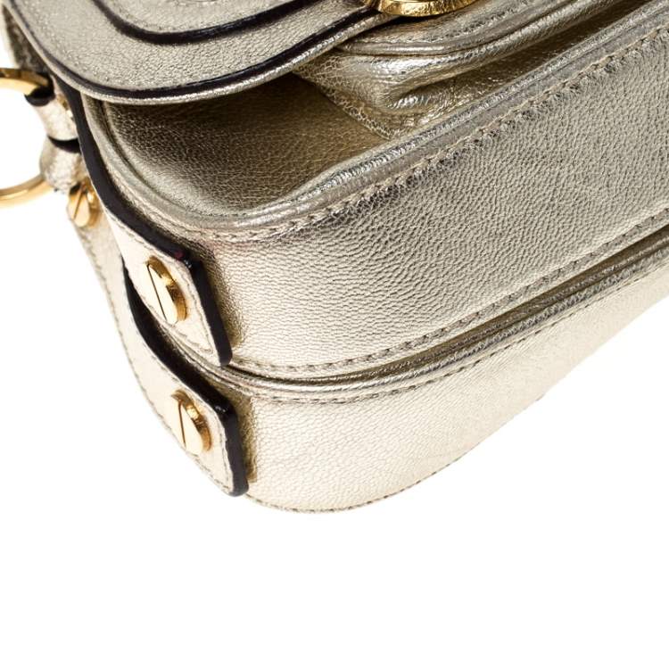 Pre Owned Versace Gold Metallic Leather Buckle Flap Shoulder Bag