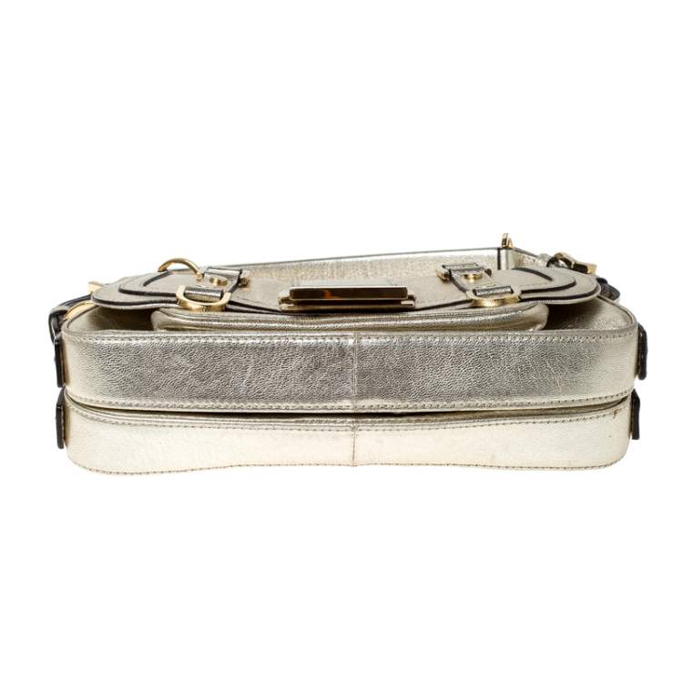 Pre Owned Versace Gold Metallic Leather Buckle Flap Shoulder Bag