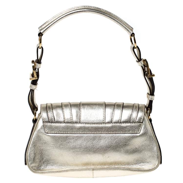 Pre Owned Versace Gold Metallic Leather Buckle Flap Shoulder Bag