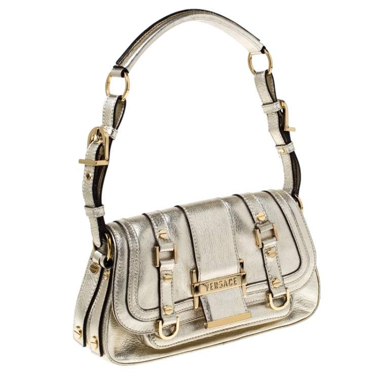 Pre Owned Versace Gold Metallic Leather Buckle Flap Shoulder Bag