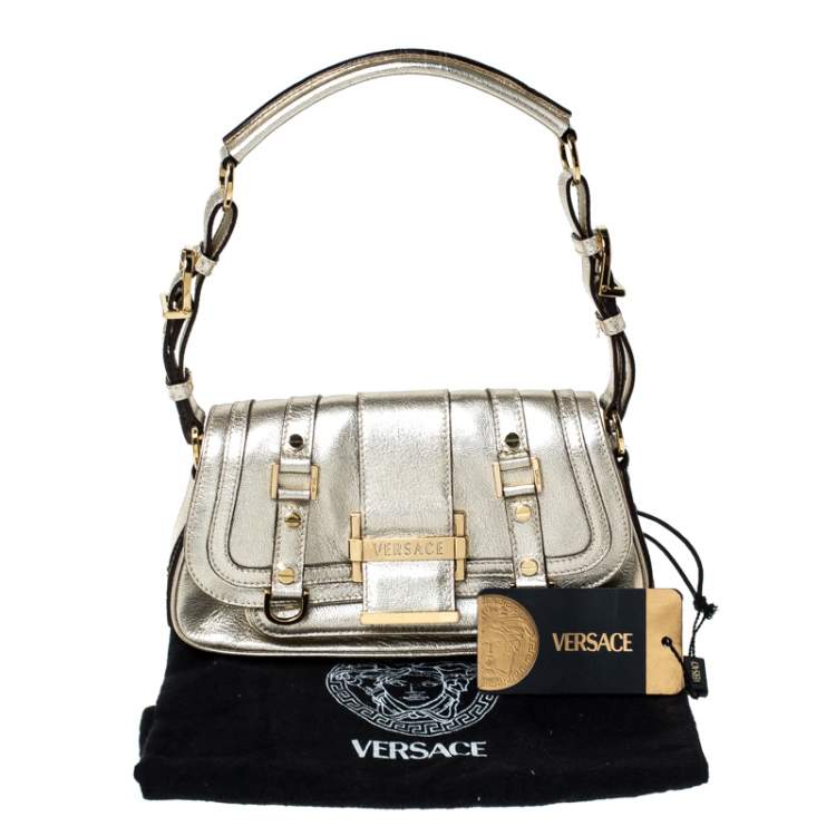 Pre Owned Versace Gold Metallic Leather Buckle Flap Shoulder Bag