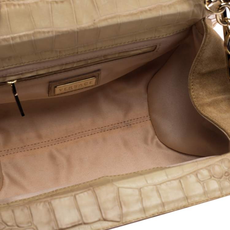 Pre Owned Versace Cream Crocodile Embossed Leather Studded Frame Shoulder Bag