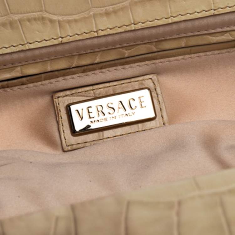 Pre Owned Versace Cream Crocodile Embossed Leather Studded Frame Shoulder Bag
