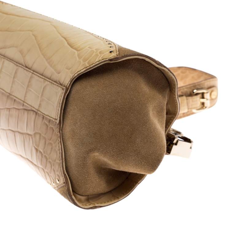 Pre Owned Versace Cream Crocodile Embossed Leather Studded Frame Shoulder Bag