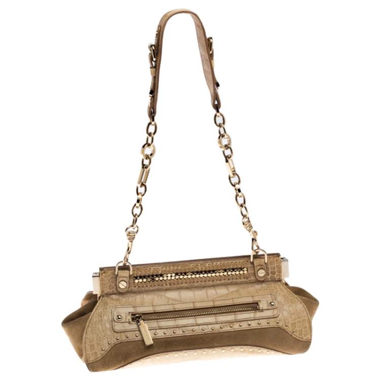 Pre Owned Versace Cream Crocodile Embossed Leather Studded Frame Shoulder Bag