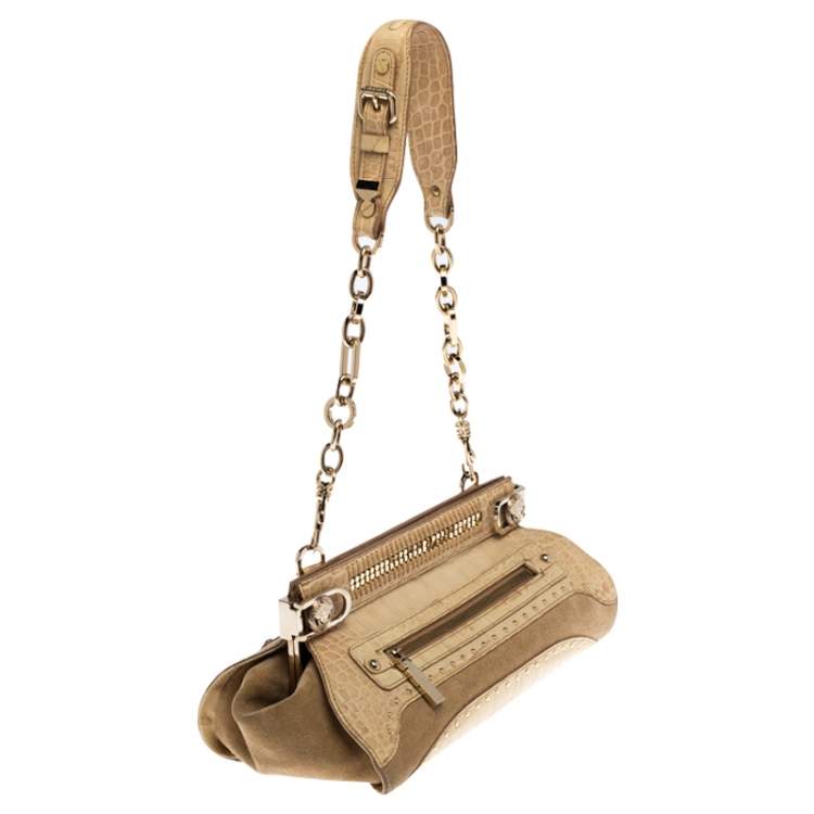 Pre Owned Versace Cream Crocodile Embossed Leather Studded Frame Shoulder Bag