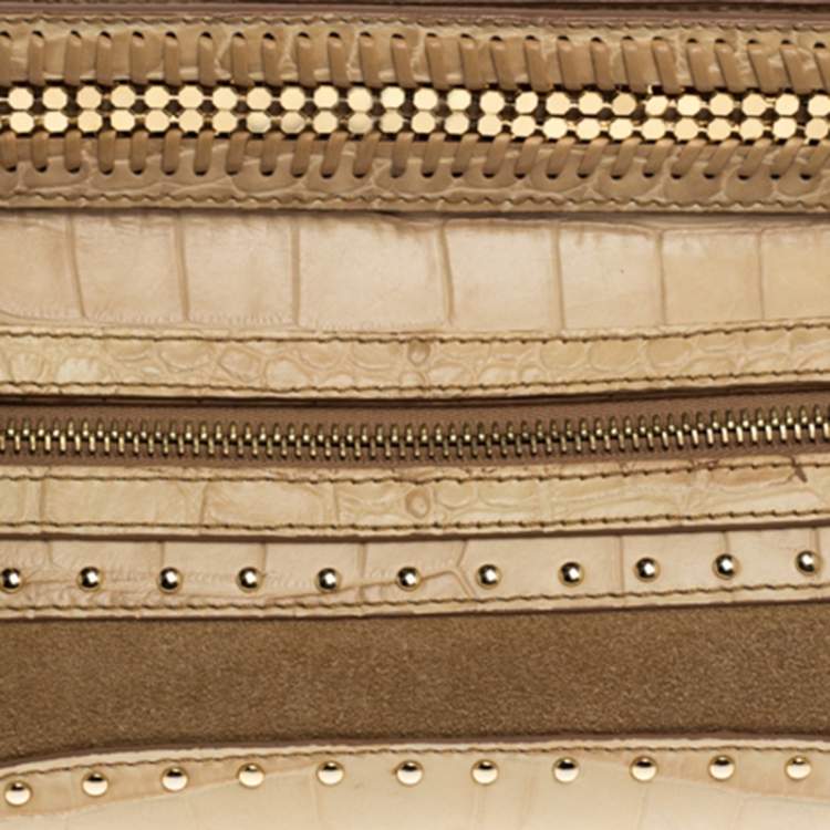 Pre Owned Versace Cream Crocodile Embossed Leather Studded Frame Shoulder Bag