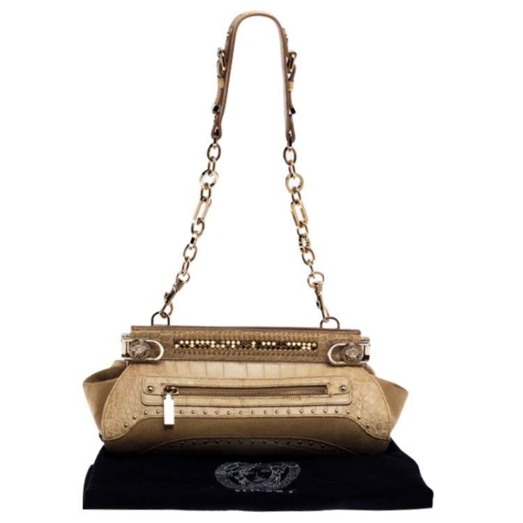 Pre Owned Versace Cream Crocodile Embossed Leather Studded Frame Shoulder Bag