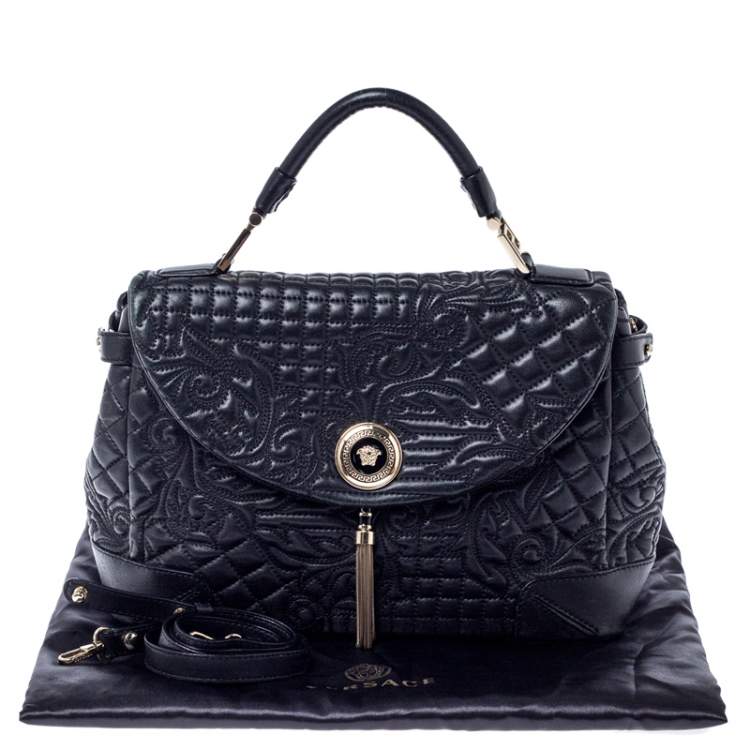 Pre Owned Versace Black Barocco Leather Altea Top Handle Bag