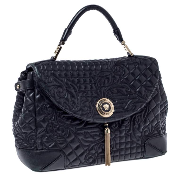 Pre Owned Versace Black Barocco Leather Altea Top Handle Bag