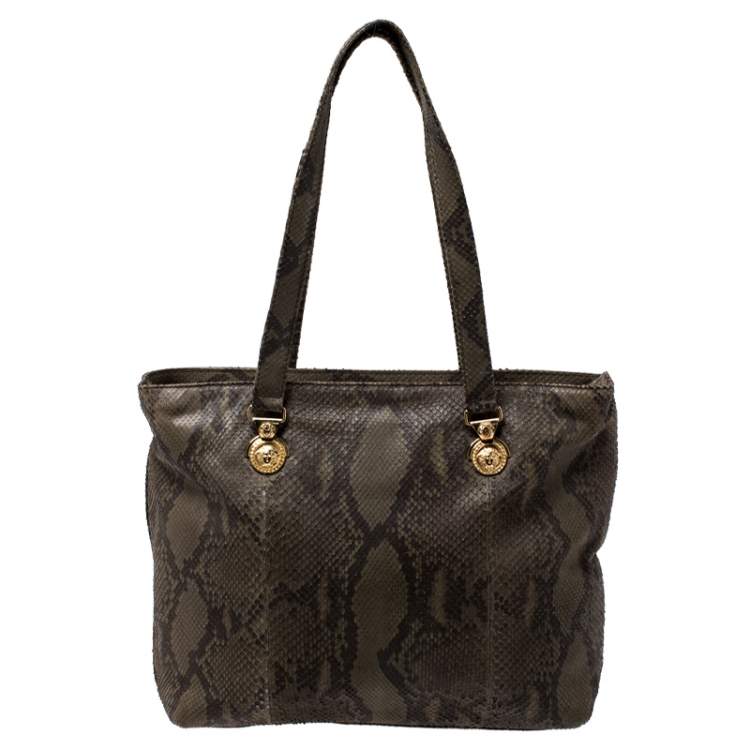 Pre Owned Versace Green Python Leather Tote 