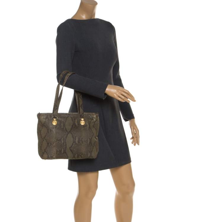 Pre Owned Versace Green Python Leather Tote 