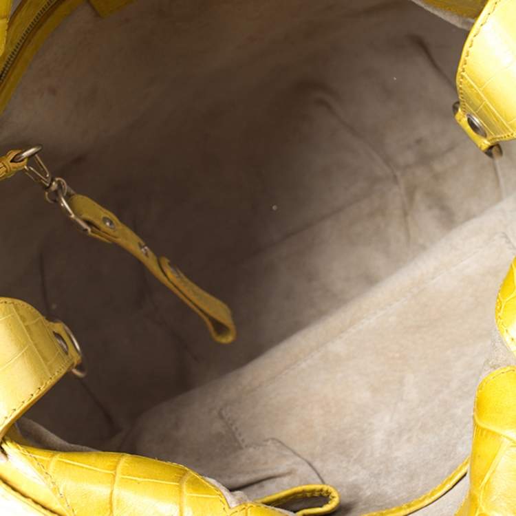 Pre Owned Versace Yellow Croc Embossed Leather Kiss Satchel