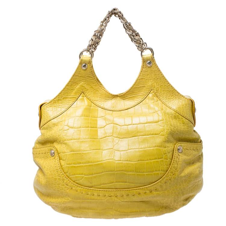 Pre Owned Versace Yellow Croc Embossed Leather Kiss Satchel