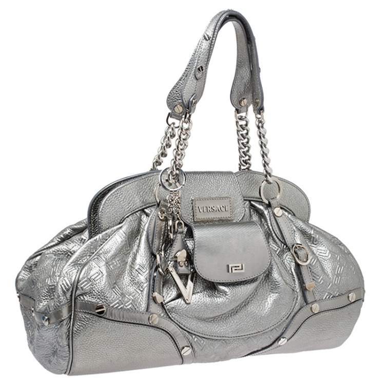 Pre Owned Versace Metallic Silver Leather Chain Link Satchel