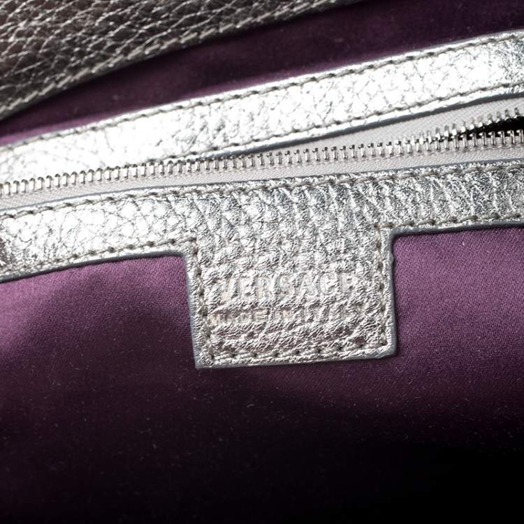 Pre Owned Versace Metallic Silver Leather Chain Link Satchel