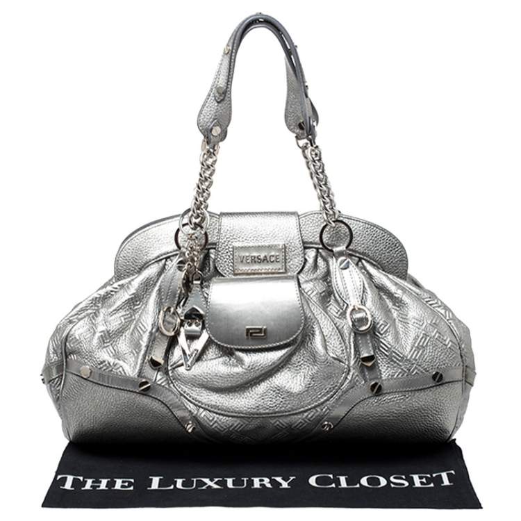 Pre Owned Versace Metallic Silver Leather Chain Link Satchel